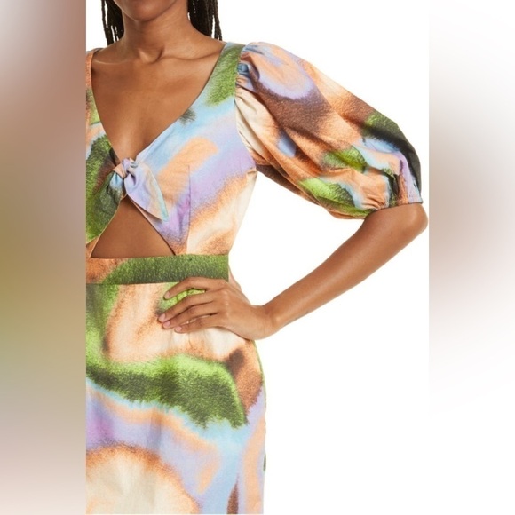ROTATE Cara Watercolor Print Cutout Puff Sleeve Organic Cotton Dress 8/Medium - Picture 3 of 8
